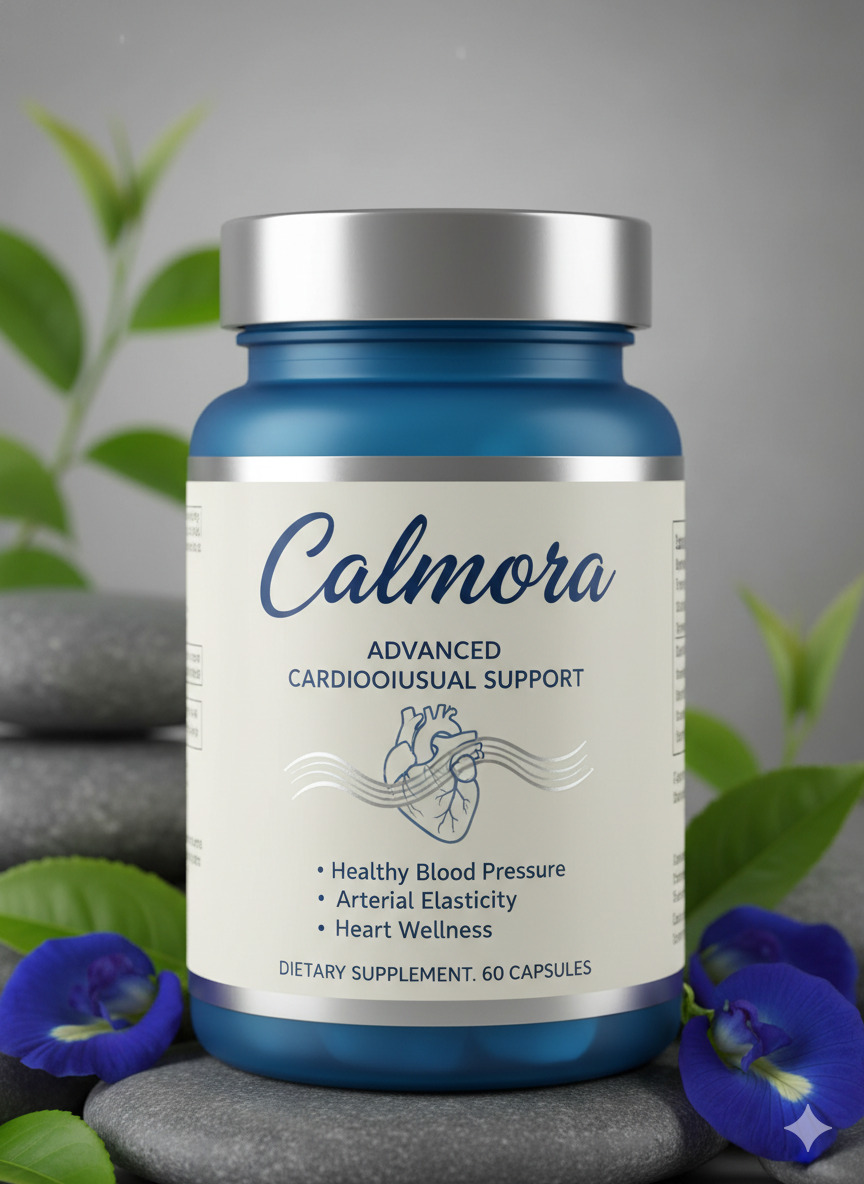 Calmora food supplement bottle and capsules on a neutral surface